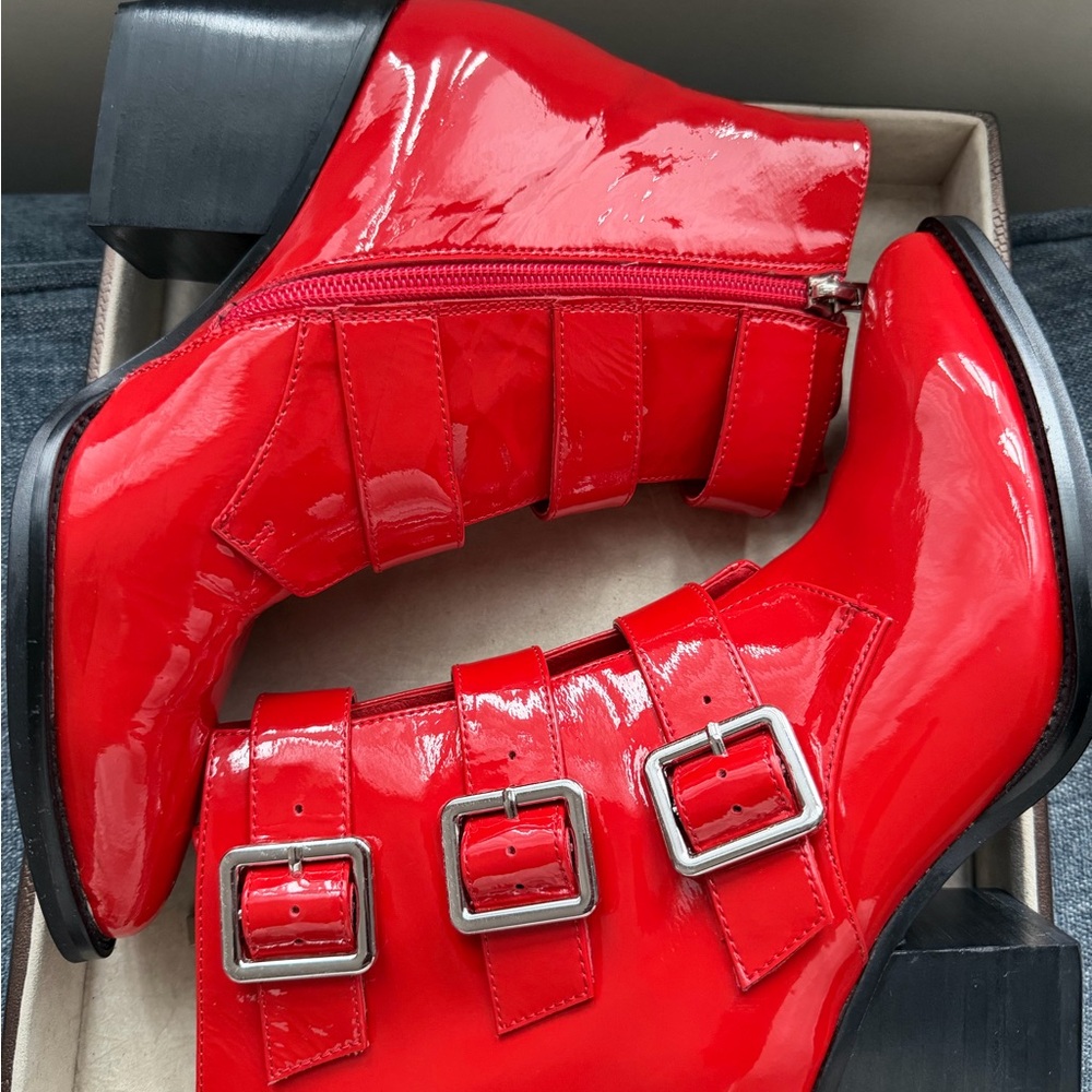 Django & Juliette Marzena Buckled Red Patent Leather Ankle Boots - Picture 7 of 16